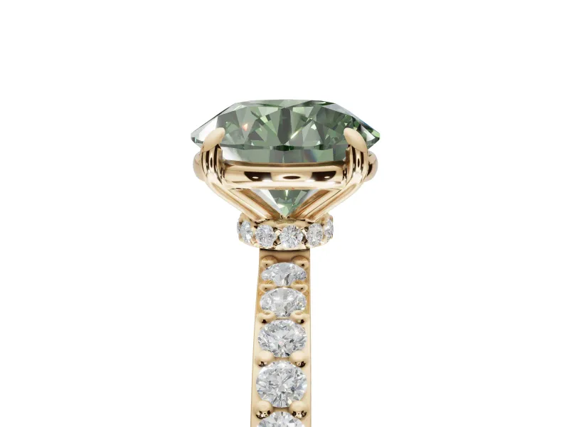 Round Hidden Halo Engagement Ring Setting for a Fancy Green Lab-Grown Diamond | Pavé Band | Yellow Gold