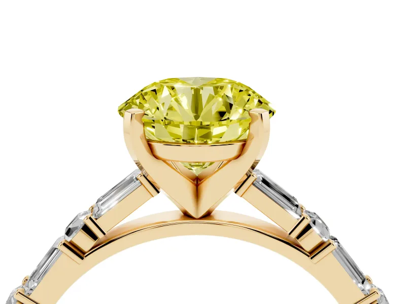 Fancy Yellow Round Cut Diamond Solitaire Set in Yellow gold with Side Baguettes and Channel Set Band
