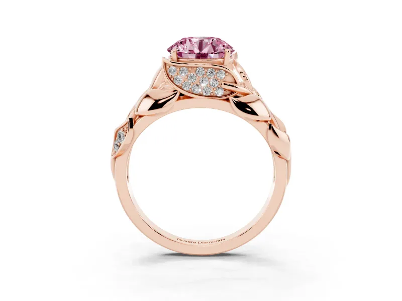 Fancy Pink Round Cut Diamond Leaf-Inspired Engagement Ring Set in Rose gold with Round Accents