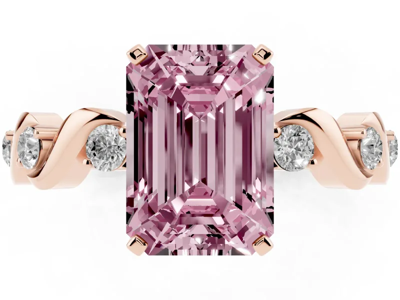 Fancy Pink Emerald Cut Diamond Solitaire Ring Set in Rose gold with Ribbon Twist Band, Round Accents and Prong Setting