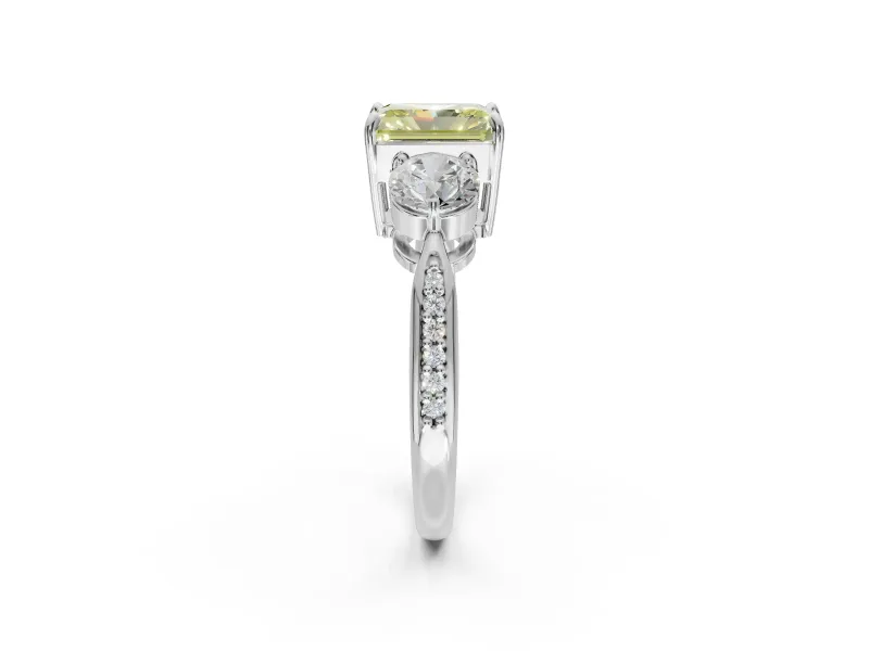 Radiant Cut Three Stone Engagement Ring Setting for a Fancy Yellow Lab-Grown Diamond | Tapered Pave Band | Platinum