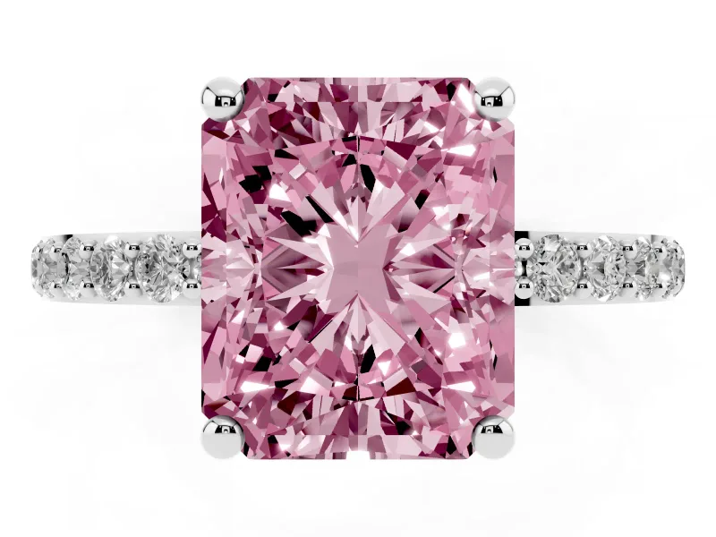 Fancy Pink Radiant Cut Diamond Solitaire Ring Set in Platinum with Round Pavé Band and Prong Setting
