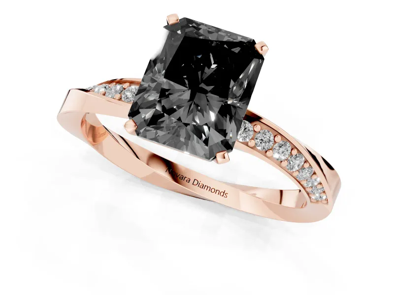 Fancy Black Radiant Cut Diamond Engagement Ring Set in Rose gold with Side Stone Accents and Prong Setting