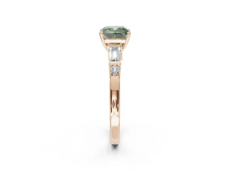 Cushion Cut Tapered Baguette Engagement Ring Setting for a Fancy Green Lab-Grown Diamond | Rose Gold