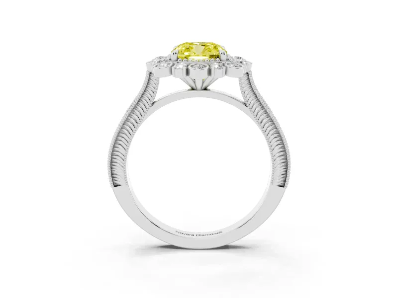 Fancy Yellow Cushion Cut Diamond Halo Milgrain Pavé Ring Set in White gold with Prong Setting