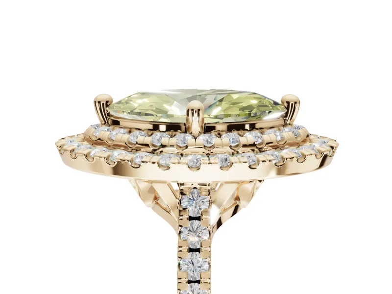 Canary Yellow Marquise Lab-Grown Diamond Double Halo Statement Ring Set in Yellow Gold with Pavé Band