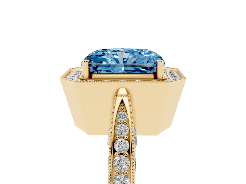Radiant Cut Milgrain Halo Engagement Ring Setting for a Fancy Blue Lab-Grown Diamond | Side Stones | Yellow Gold