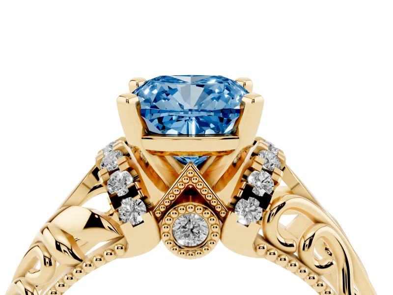 Cushion Cut Filigree Engagement Ring Setting for a Fancy Blue Lab-Grown Diamond | Yellow Gold
