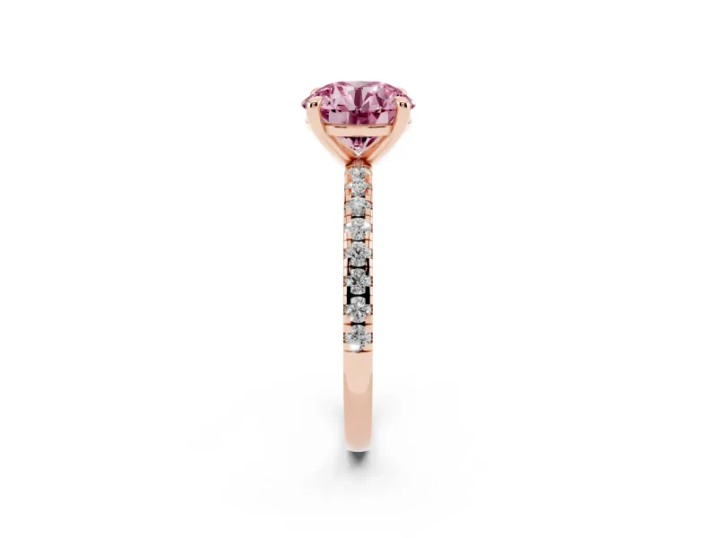 Fancy Pink Round Cut Diamond Brilliant Solitaire Ring Set in Rose gold with Pavé Band and Prong Setting