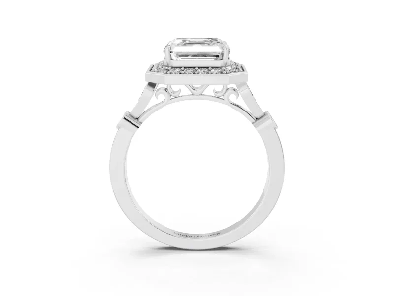 Asscher Cut Vintage Halo Engagement Ring Setting | Bezel Station Shoulders | Sterling Silver