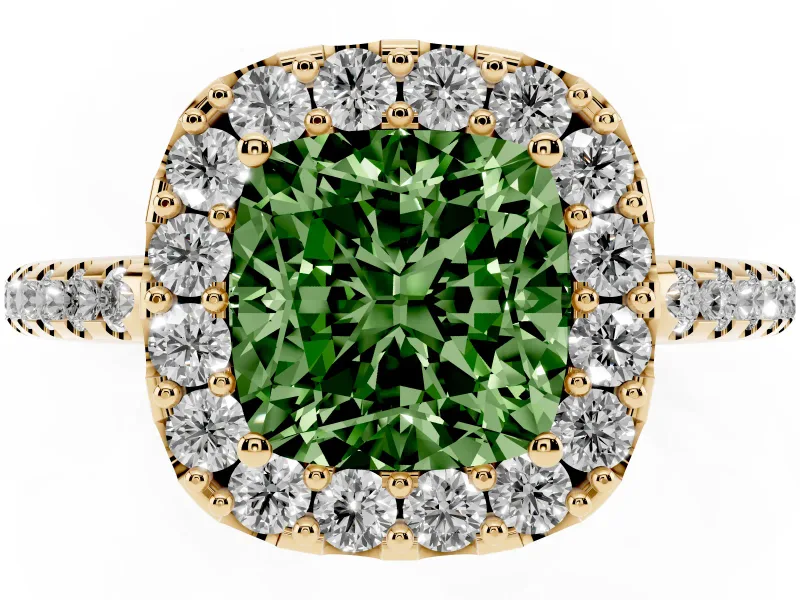 Cushion Cut Pave Halo Engagement Ring Setting for a Fancy Green Lab-Grown Diamond | Pave Band | Yellow Gold