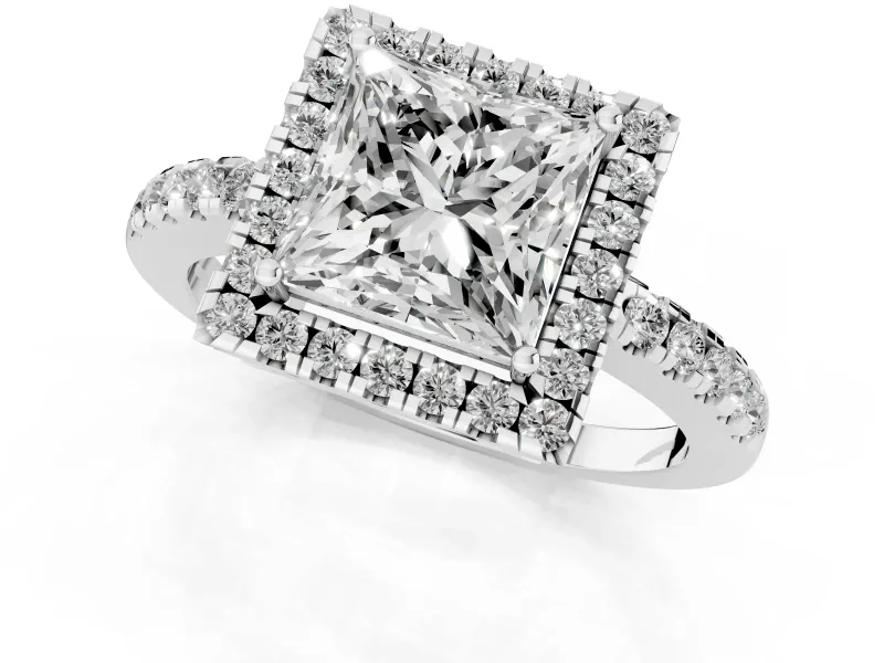 Princess Cut Diamond Pavé Band Halo Engagement Ring Set in White gold with Prong Setting