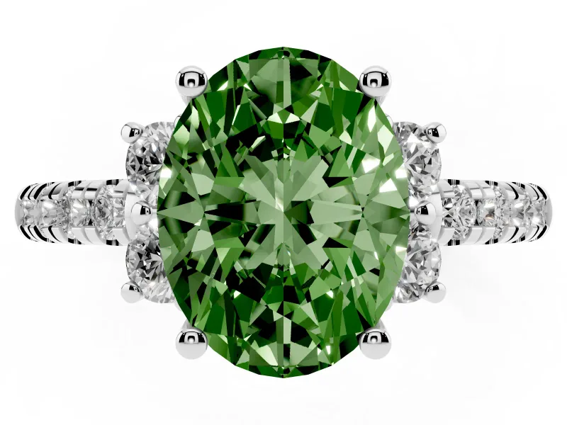 Oval Side Stone Engagement Ring Setting for a Fancy Green Lab-Grown Diamond | Pave Band | Sterling Silver