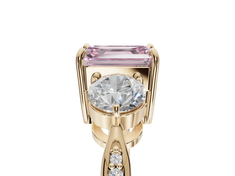 Emerald Cut Three Stone Engagement Ring Setting for a Fancy Pink Lab-Grown Diamond | Tapered Pave Band | Yellow Gold