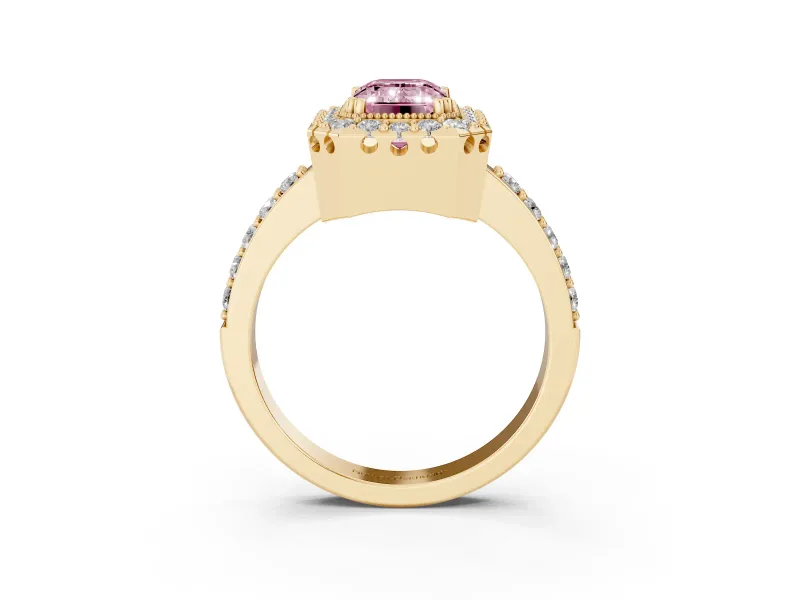 Emerald Cut Milgrain Halo Engagement Ring Setting for a Fancy Pink Lab-Grown Diamond | Pavé Shoulders | Yellow Gold