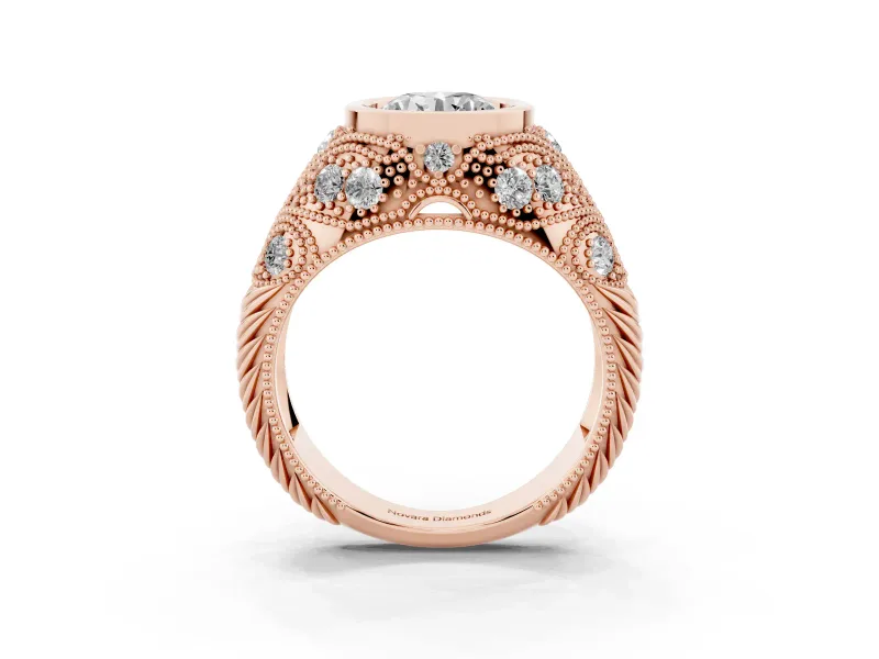 Round Vintage Bezel Engagement Ring Setting | Beaded Paisley Shoulders | Rose Gold