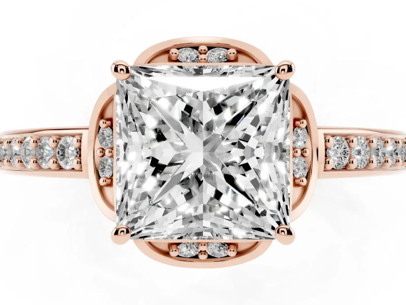 Princess Cut Floral Pavé Engagement Ring Setting | Petal Accents | Rose Gold