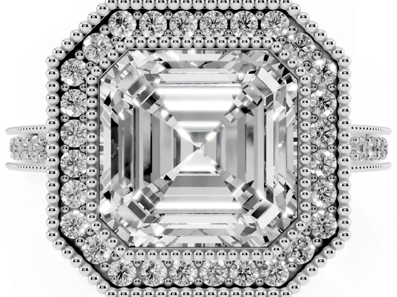 Asscher Cut Diamond Halo Ring Set in Silver with Pavé Band and Milgrain-Edged Prongs