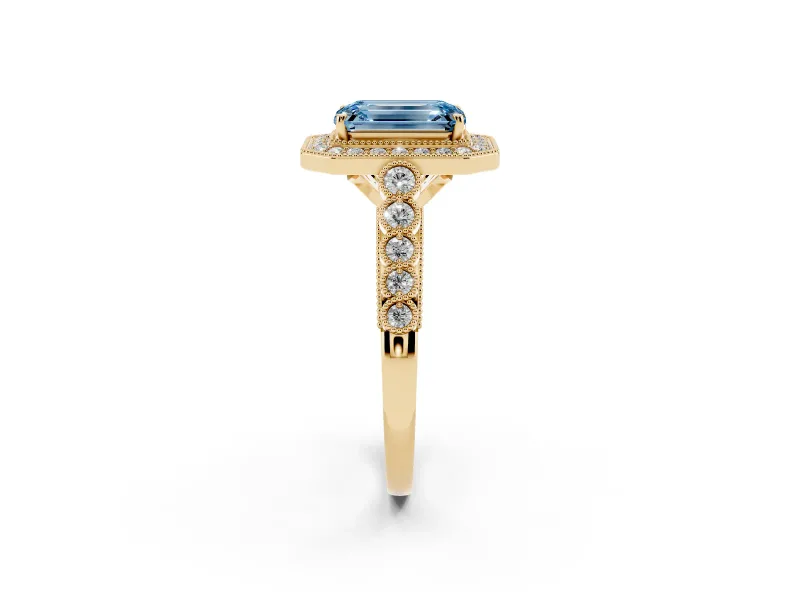 Emerald Cut Graduated Milgrain Halo Engagement Ring Setting for a Fancy Blue Lab-Grown Diamond | Yellow Gold