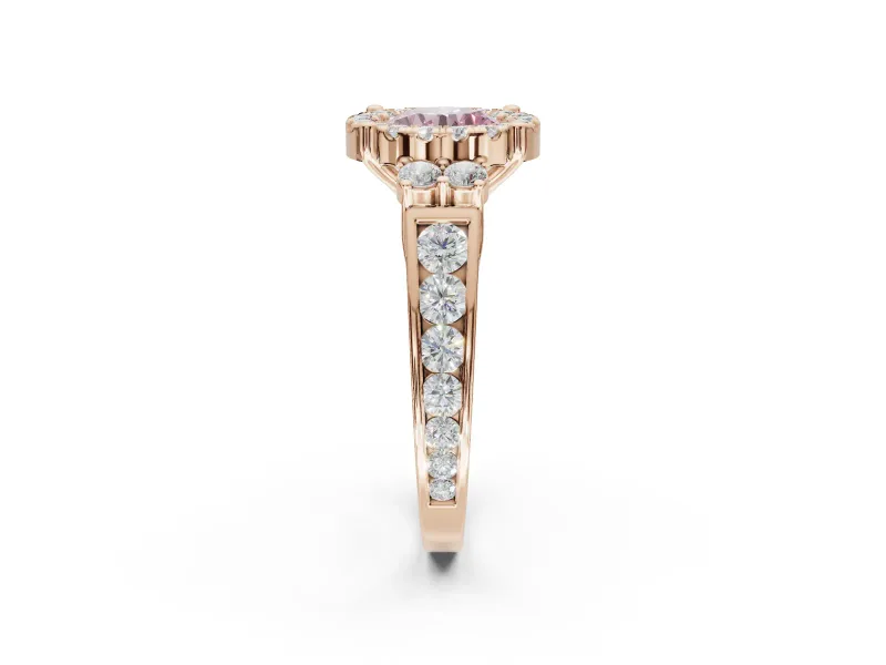 Round Halo Engagement Ring Setting for a Fancy Pink Lab-Grown Diamond | Side Clusters | Rose Gold