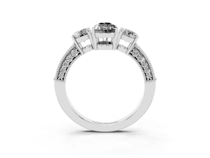 Pear-Shaped Vintage Three Stone Engagement Ring Setting for a Black Center | Graduated Milgrain Pavé | Sterling Silver