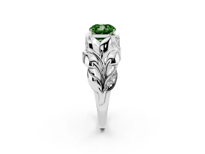 Cushion Cut Leaf Bypass Engagement Ring Setting for a Fancy Green Lab-Grown Diamond | Sculpted Leaves | Sterling Silver