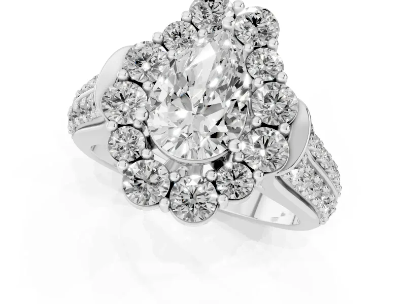 Pear Cut Diamond Halo Engagement Ring Set in Platinum with Split Shank and Prong Setting
