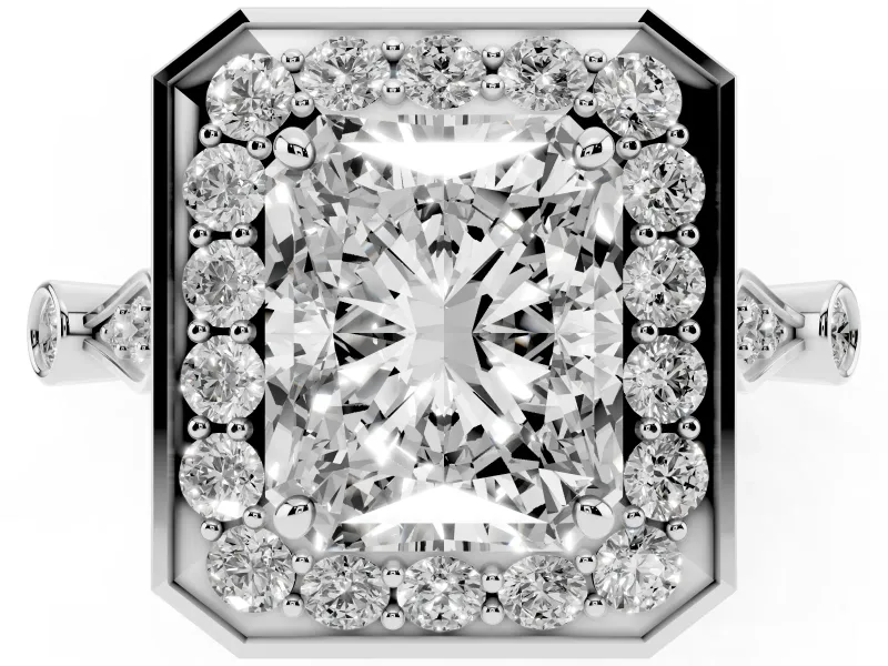 Radiant Cut Vintage Halo Engagement Ring Setting | Bezel Station Shoulders | White Gold