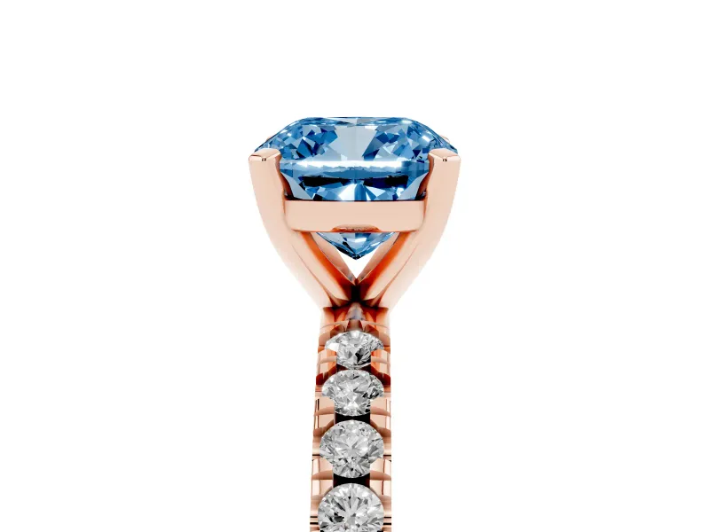 Fancy Blue Cushion Cut Diamond Pavé Band Solitaire Set in Rose gold with Prong Setting