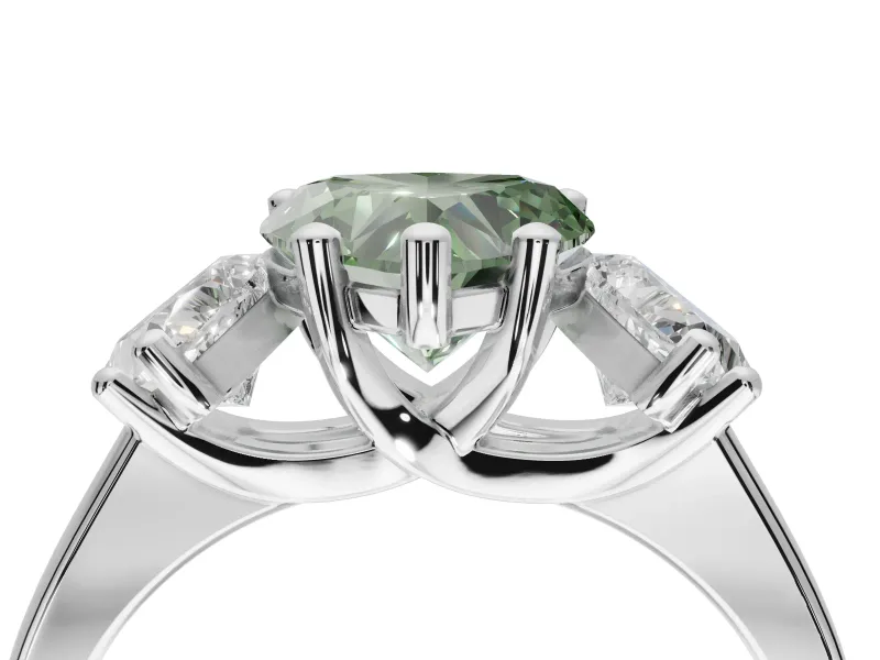 Heart-Shaped Three Stone Engagement Ring Setting for a Fancy Green Lab-Grown Diamond | Tapered Band | Sterling Silver