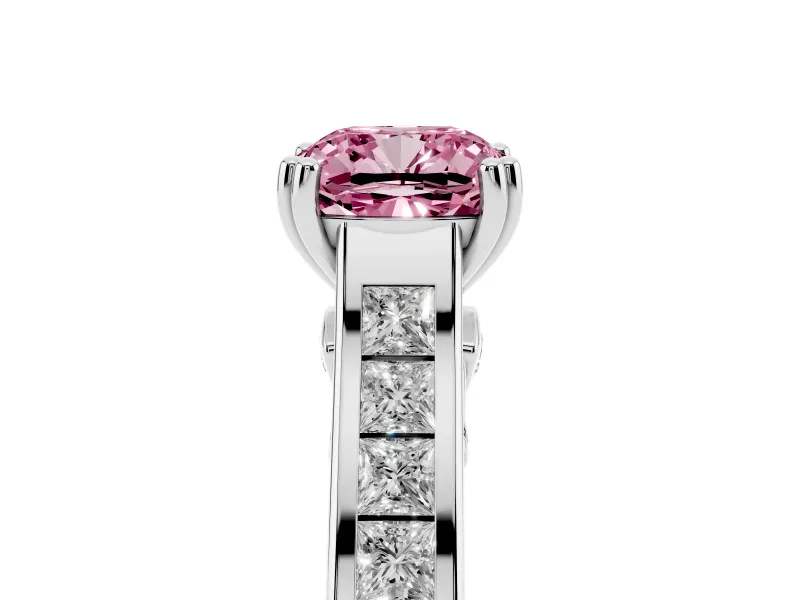 Fancy Pink Cushion Cut Diamond Channel Set Solitaire Engagement Ring Set in Silver with Prong Setting