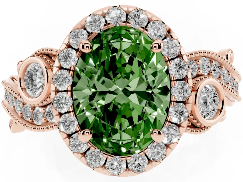 Fancy Green Oval Cut Diamond Halo Ring Set in Rose gold with Milgrain Pavé Band and Prong Setting