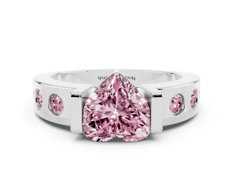 Fancy Pink Heart Cut Diamond Channel-Set Band Ring Set in White gold with Bezel Prong Setting