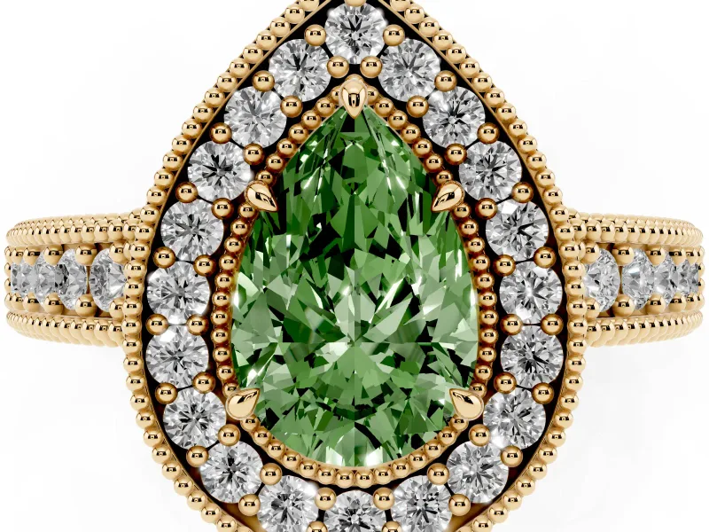 Fancy Green Pear Cut Diamond Halo Ring Set in Yellow gold with Round Accent Halo, Pavé Band and Prong Setting