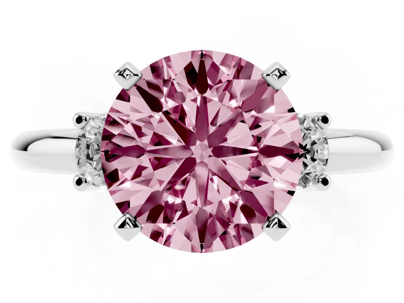 Fancy Pink Three-Stone Round Cut Diamond Ring Set in Silver with Prong Setting and Plain Band
