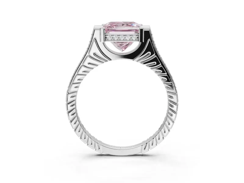 Princess Cut Vintage Cathedral Engagement Ring Setting for a Fancy Pink Lab-Grown Diamond | Carved Band | White Gold