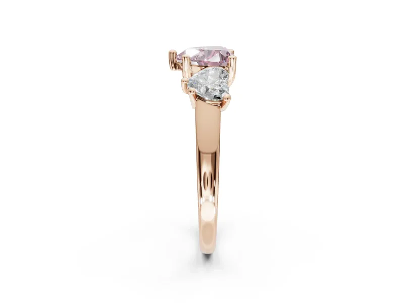 Heart-Shaped Three Stone Engagement Ring Setting for a Fancy Pink Lab-Grown Diamond | Wide Tapered Shoulders | Rose Gold