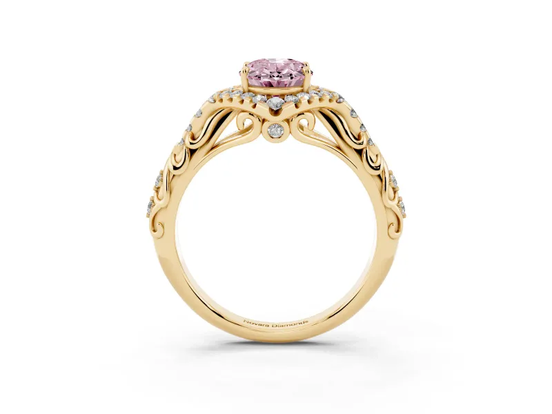 Oval Hidden Halo Filigree Engagement Ring Setting for a Fancy Pink Lab-Grown Diamond | Yellow Gold