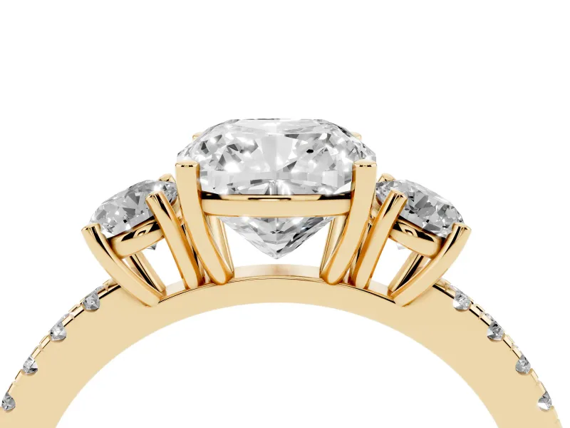 Cushion Cut Three Stone Engagement Ring Setting | Pave Shoulders | Yellow Gold