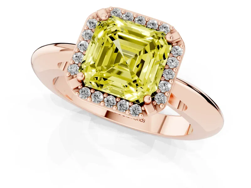 Fancy Yellow Asscher Cut Diamond Halo Engagement Ring Set in Rose gold with Plain Split Shank and Prong Setting