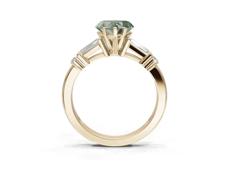 Heart-Shaped Tapered Baguette Engagement Ring Setting for a Fancy Green Lab-Grown Diamond | Bar Set Sides | Yellow Gold