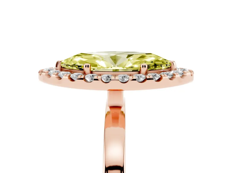 Fancy Yellow Marquise Cut Diamond Halo Solitaire Ring Set in Rose gold with Pavé Band and Prong Setting