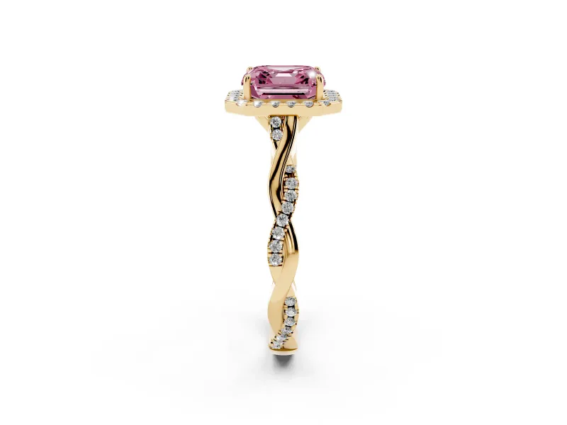 Asscher Cut Twist Halo Engagement Ring Setting for a Fancy Pink Lab-Grown Diamond | Yellow Gold