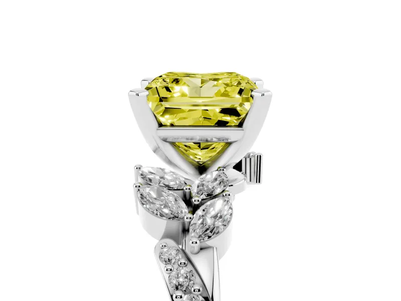 Fancy Yellow Princess Cut Diamond Solitaire Ring Set in Platinum with Marquise Twist Band and Prong Setting