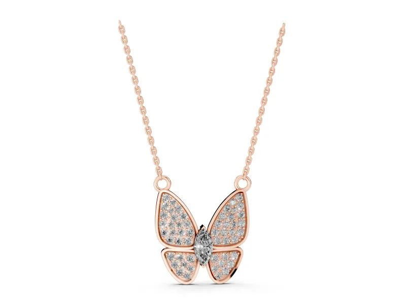 Marquise Lab-Grown Diamond Pavé Butterfly Pendant Necklace | Four Wings | Rose Gold