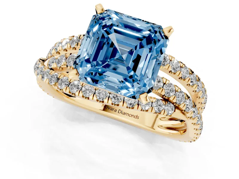 Fancy Blue Asscher Cut Diamond Solitaire Twist Band Ring Set in Yellow gold with Pavé Setting and Prong Head