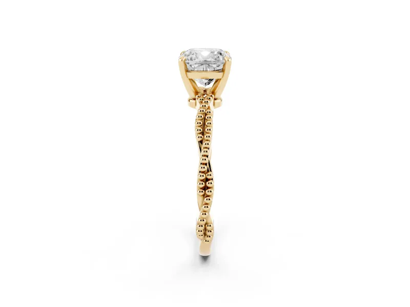 Cushion Cut Twisted Solitaire Engagement Ring Setting | Beaded Twist Band | Yellow Gold