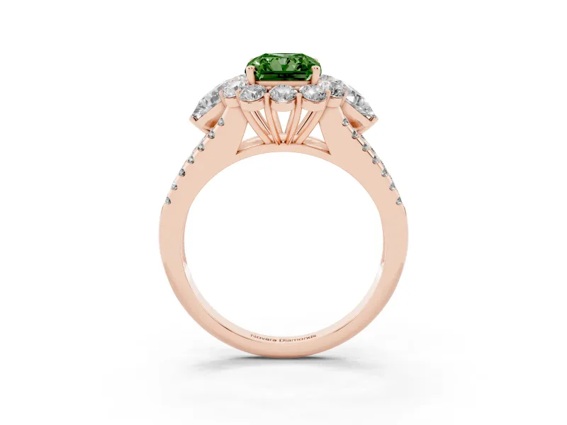 Fancy Green Radiant Cut Diamond Halo Split Shank Engagement Ring Set in Rose gold with Prong-Held Center Stone