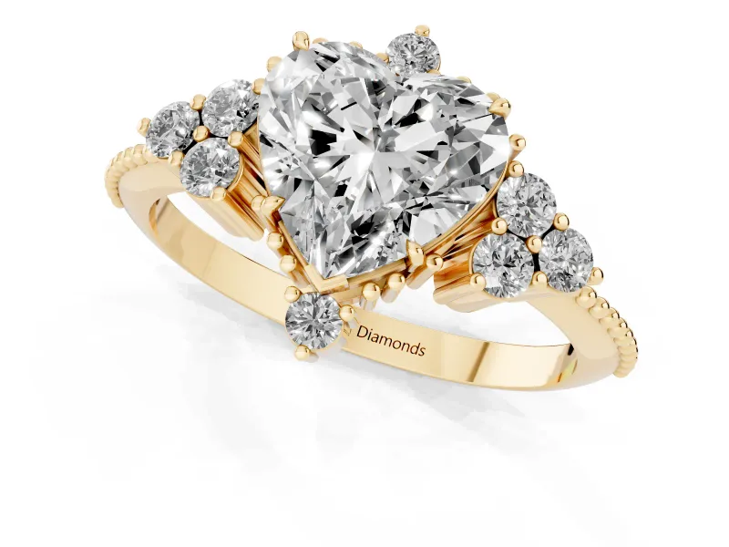 Heart-Shaped Vintage Cluster Engagement Ring Setting | Beaded Edges | Yellow Gold