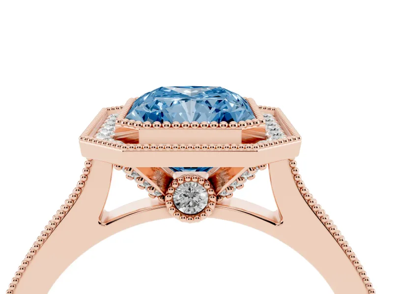 Radiant Cut Vintage Milgrain Halo Engagement Ring Setting for a Fancy Blue Lab-Grown Diamond | Bezel Head | Rose Gold